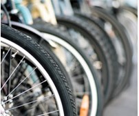 Bicycle wheels on a bike rack