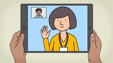 Animated image of someone having a video consultation on an ipad