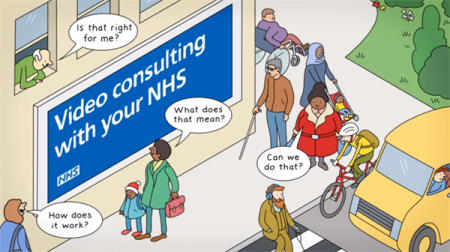 A sign saying video consultations, with people around it asking questions about it